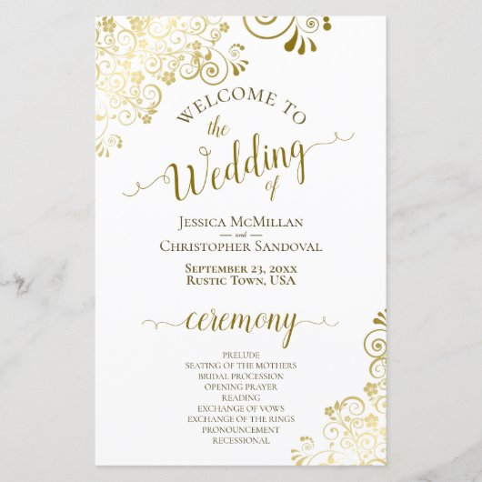 Gold Lace over White Elegant Budget Wedding Progra (Voorkant)