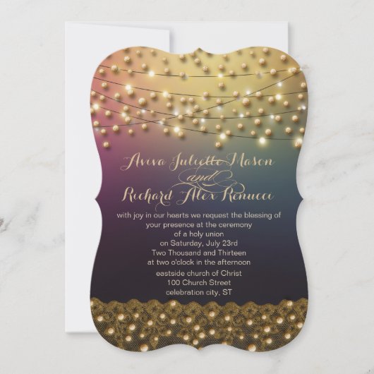 Gold Lace Paars onder de Stars Wedding Inviting Kaart (Voorkant)