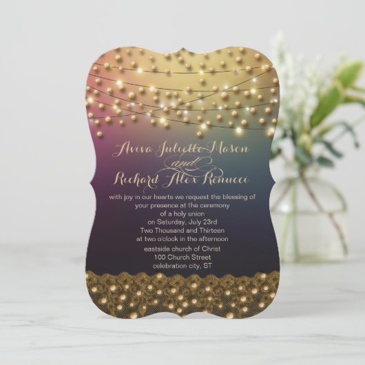 Gold Lace Paars onder de Stars Wedding Inviting Kaart (Staand voorkant)