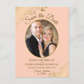 Gold Lace & Peach Wedding Save the Date Oval Photo Aankondigingskaart (Voorkant)