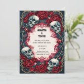 Gold Lace Rozen Skulls Gothic Wedding Kaart (Staand voorkant)
