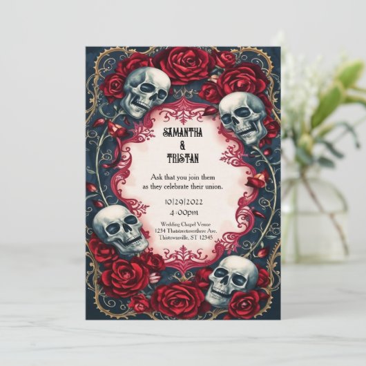 Gold Lace Rozen Skulls Gothic Wedding Kaart (Staand voorkant)