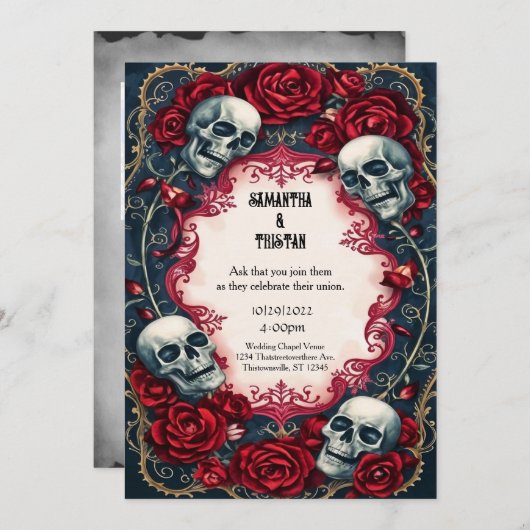 Gold Lace Rozen Skulls Gothic Wedding Kaart (Voorkant / Achterkant)