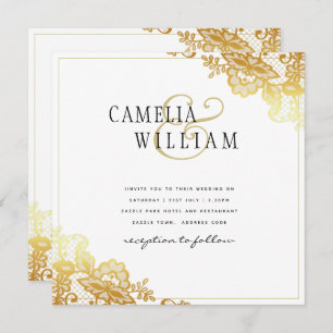 Gold Lace White Wedding Invitation Classic Elegant