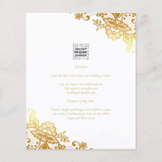 Gold Lace White Wedding Invitation Classic Elegant (Achterkant)