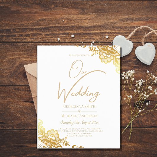 Gold Lace White Wedding Invitation Classic Elegant