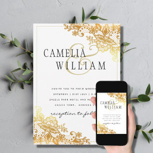 Gold Lace White Wedding Invitation Classic Elegant Kaart