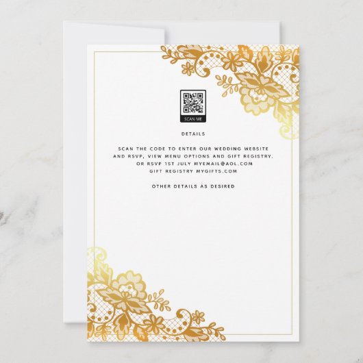 Gold Lace White Wedding Invitation Classic Elegant Kaart (Achterkant)