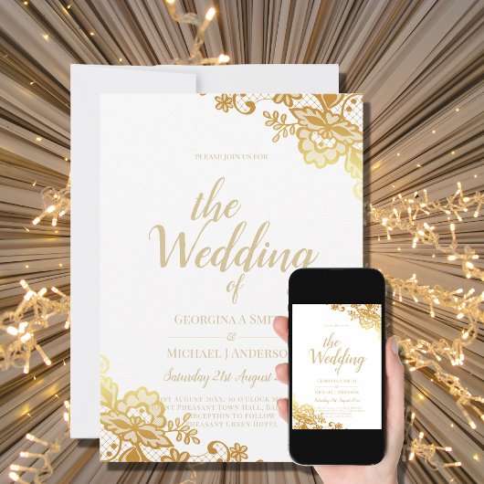 Gold Lace White Wedding Invitation Elegant Classic Kaart