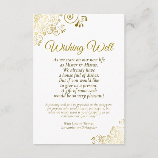 Gold Lace & White Wedding Wishing Well Poem Informatiekaartje (Voorkant)