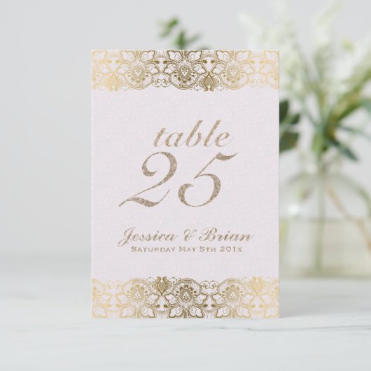 Gold Lace & White Weduwtable Number Kaart (Staand voorkant)