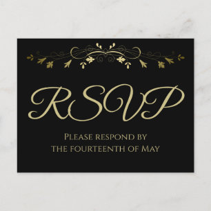 Gold Lacy bloeien op zwart Elegant Bruiloft RSVP Briefkaart