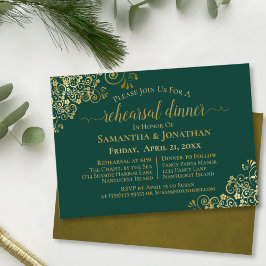 Gold Lacy Emerald Green Wedding Rehearsal & Dinner Kaart