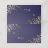 Gold Lacy Filigree op Navy Blue Wedding Write-in Plaatskaartje (Buitenkant ongevouwen)