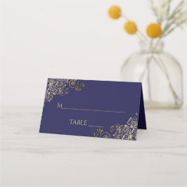 Gold Lacy Filigree op Navy Blue Wedding Write-in Plaatskaartje