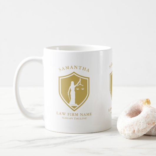 Gold Lady Justice Logo Aangepaste tekst Koffiemok (Met donut)