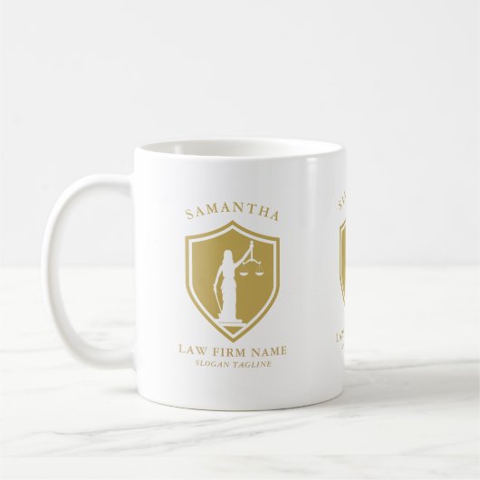 Gold Lady Justice Logo Aangepaste tekst Koffiemok (Links)