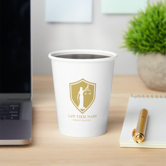 Gold Lady Justice Logo Aangepaste tekst Papieren Bekers (Insitu)
