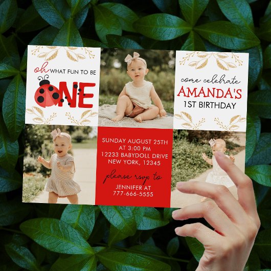 Gold Ladybug 3 foto verjaardag uitnodiging