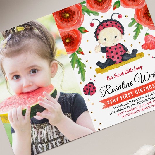 Gold Ladybug Waterverf First Birthday Foto Kaart