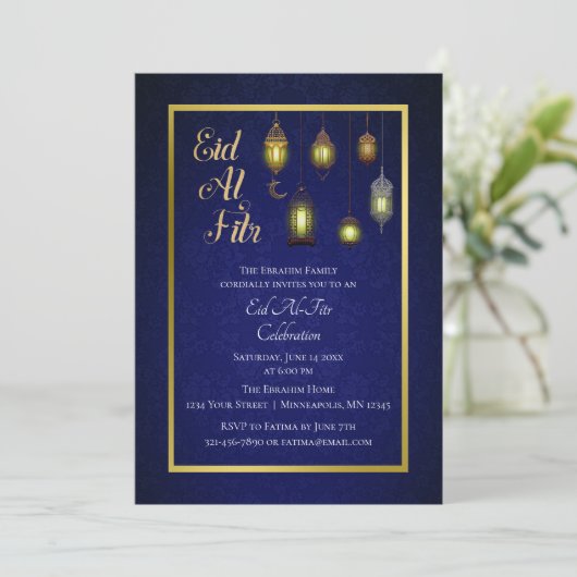 Gold Lamp op Blue Damask | Eid Al Fitr Kaart (Staand voorkant)