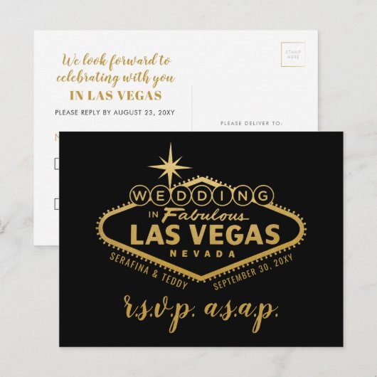 Gold Las Vegas Sign Wedding RSVP Response Briefkaa Aankondigingskaart (Voorkant / Achterkant)