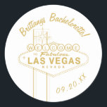Gold Las Vegas Sign Weduwschap Welkom Bachelorette Ronde Sticker<br><div class="desc">Pas de kleur en de doopvonten evenals de kleur van de grafische en "welkome"brieven aan. Vectorafbeelding door Becky Nimoy</div>