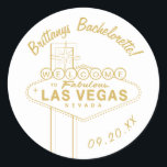 Gold Las Vegas Sign Weduwschap Welkom Bachelorette Ronde Sticker<br><div class="desc">Pas de kleur en de doopvonten evenals de kleur van de grafische en "welkome"brieven aan. Vectorafbeelding door Becky Nimoy</div>