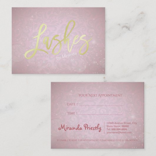 Gold Lashes Script Pink Damask Makeup Appointment Afsprakenkaartje (Voorkant / Achterkant)