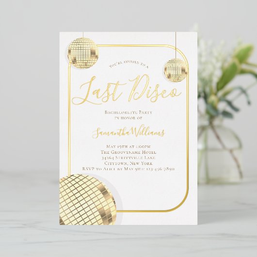 Gold Last Disco Bachelorette Party Folie Invitatio Folie Uitnodiging (Staand Voorkant)