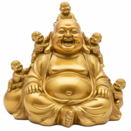 Gold Laughing Buddha with Children 2D Budai Staand Fotobeeldje