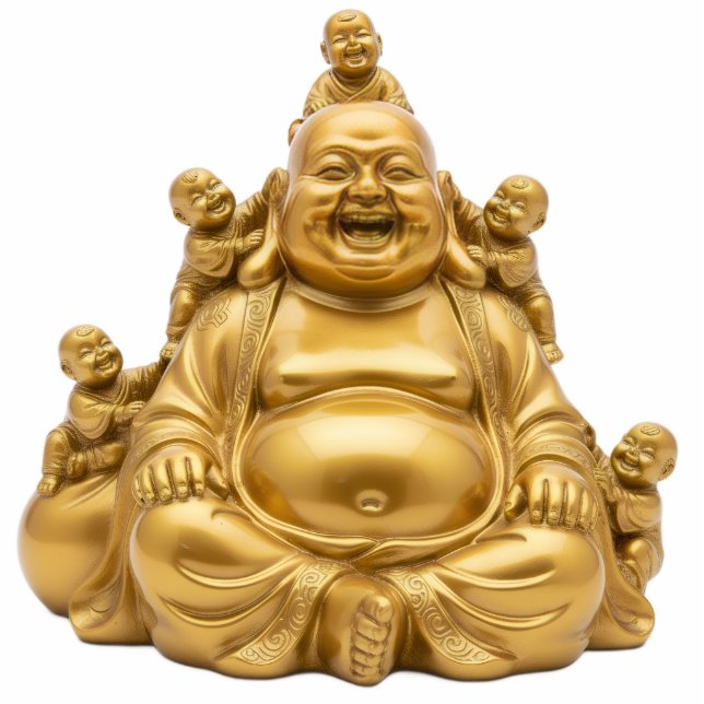 Gold Laughing Buddha with Children 2D Budai Staand Fotobeeldje (Voorkant)