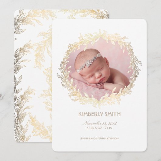 Gold Laurel Krans Witte Pasgeboren Baby Foto Geboo Aankondiging (Voorkant / Achterkant)