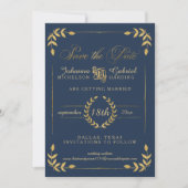 Gold Laurel Leaf Navy Photo Save the Date (Voorkant)