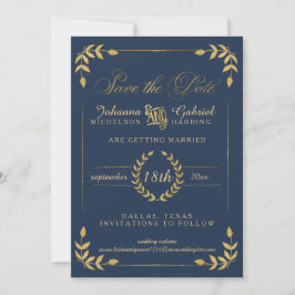 Gold Laurel Leaf Navy Photo Save the Date