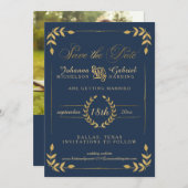 Gold Laurel Leaf Navy Photo Save the Date (Voorkant / Achterkant)
