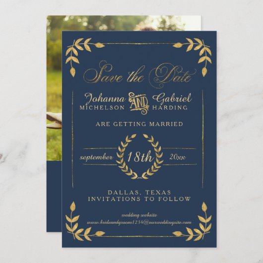 Gold Laurel Leaf Navy Photo Save the Date (Voorkant / Achterkant)
