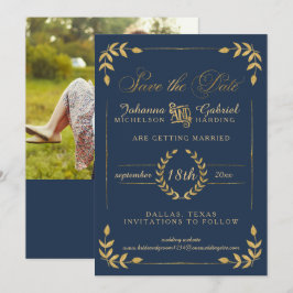 Gold Laurel Leaf Navy Photo Save the Date