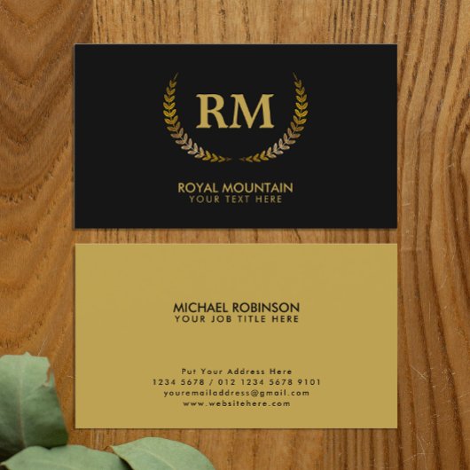 Gold Laurel Leaves | Elegant Initiaal op zwart Visitekaartje