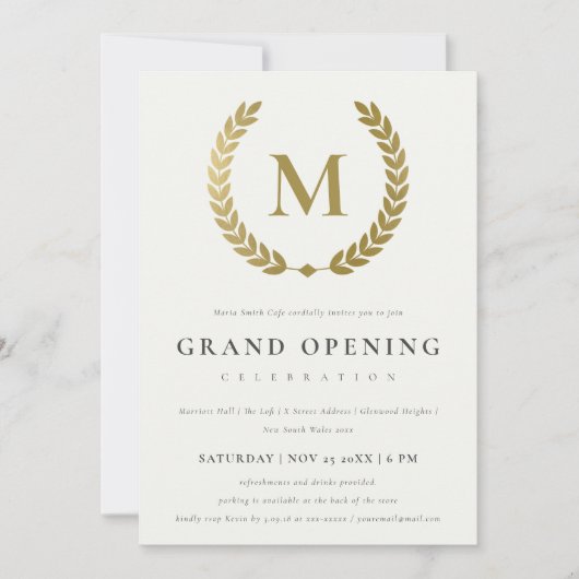 Gold Laurel Monogram Grote Opening Invite Bedankkaart (Voorkant)