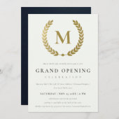 Gold Laurel Monogram Grote Opening Invite Bedankkaart (Voorkant / Achterkant)