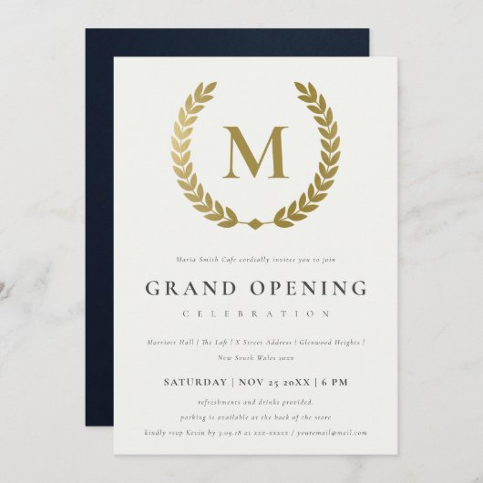 Gold Laurel Monogram  Grote Opening Invite Bedankkaart (Voorkant / Achterkant)