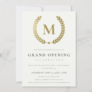 Gold Laurel Monogram Grote Opening Invite Bedankkaart