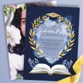Gold Laurel Navy Blue Graduation Party Foto Kaart