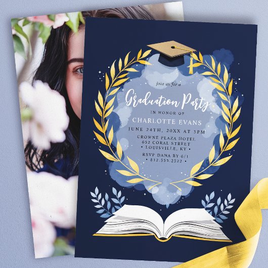 Gold Laurel Navy Blue Graduation Party Foto Kaart