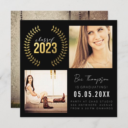 Gold Laurel Wreath Class of 2023 Afstuderen Foto Aankondiging (Voorkant / Achterkant)