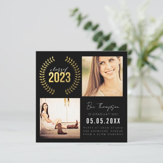 Gold Laurel Wreath Class of 2023 Afstuderen Foto Aankondiging (Staand voorkant)