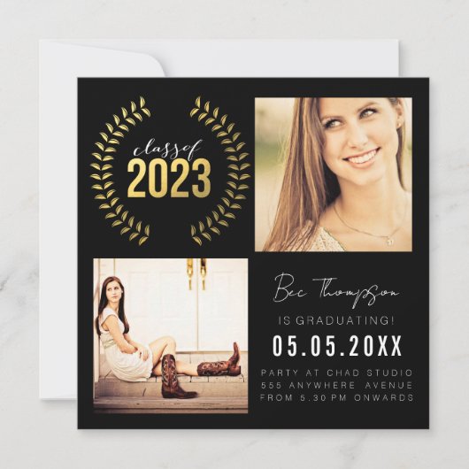 Gold Laurel Wreath Class of 2023 Afstuderen Foto Aankondiging (Voorkant)
