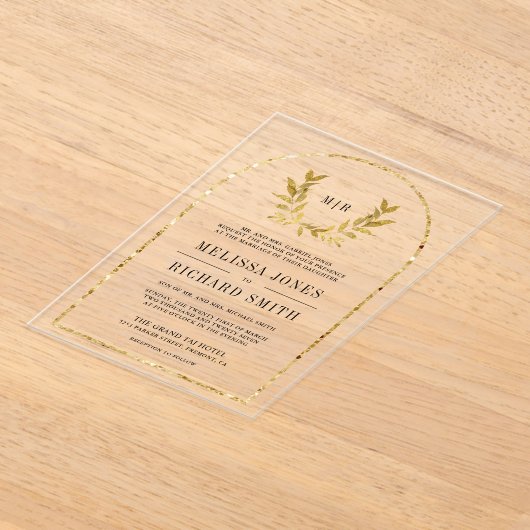 Gold Laurel Wreath Leaves Wedding Acryl Uitnodigingen (Laagn)