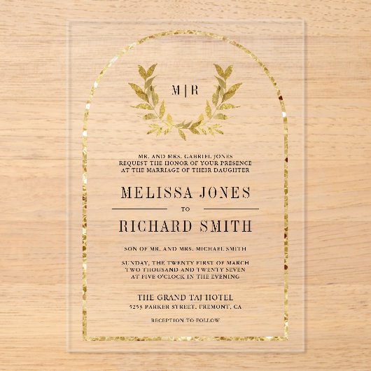 Gold Laurel Wreath Leaves Wedding Acryl Uitnodigingen (Voorkant)